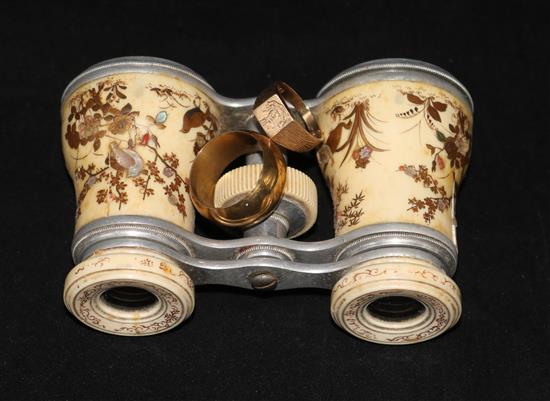 A pair of Shibayama opera glasses, a 9ct signet ring and one other costume ring.